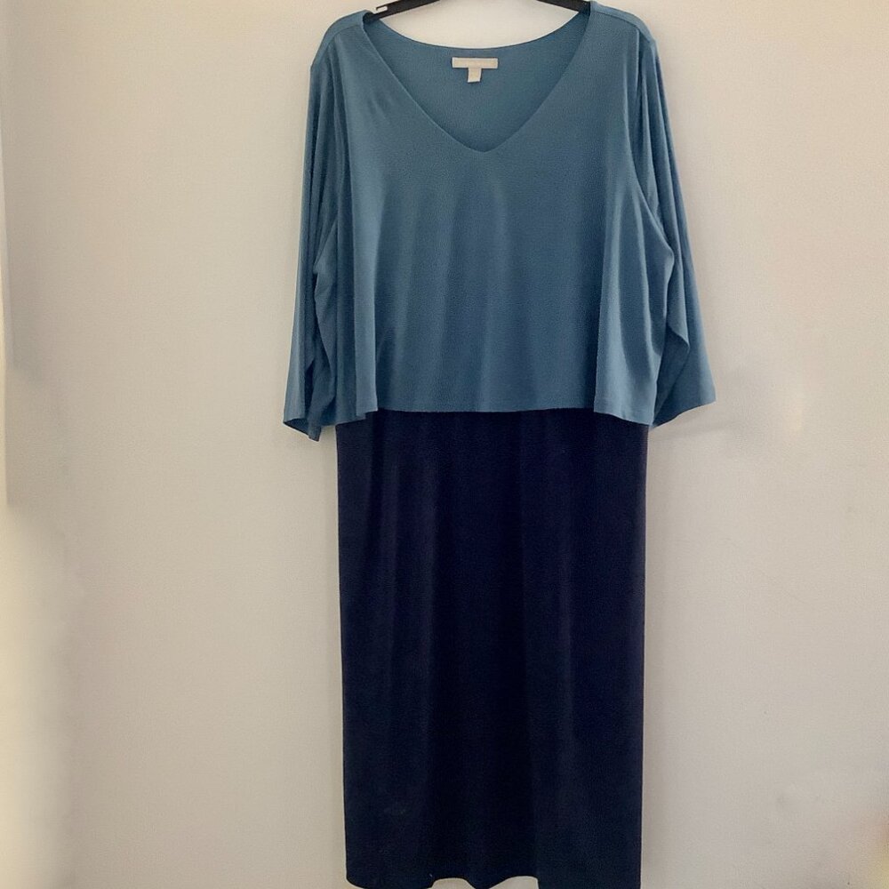 Woman Within Two-Tone V-Neck Midi Dress in Teal and Navy